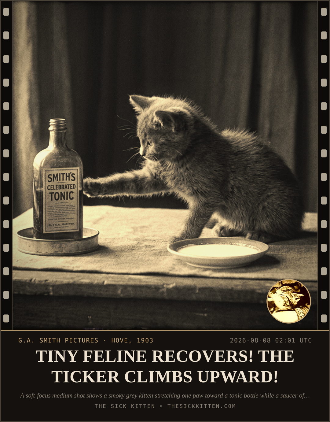 The Sick Kitten, frame no. 823: TINY FELINE RECOVERS! THE TICKER CLIMBS UPWARD!
