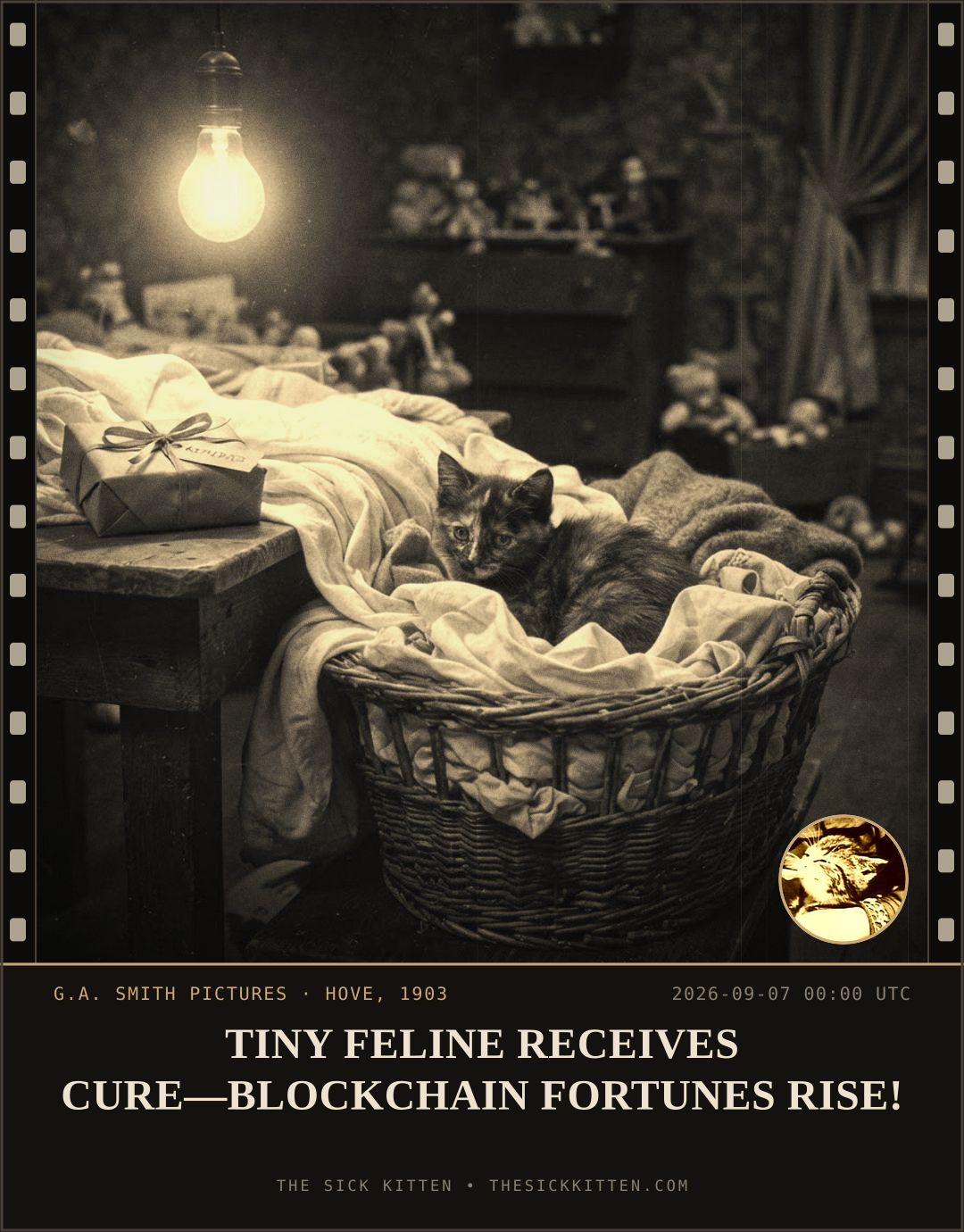The Sick Kitten, frame no. 1050: TINY FELINE RECEIVES CURE—BLOCKCHAIN FORTUNES RISE!