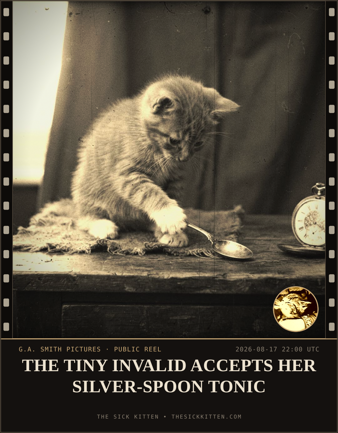 The Sick Kitten, frame no. 929: THE TINY INVALID ACCEPTS HER SILVER-SPOON TONIC