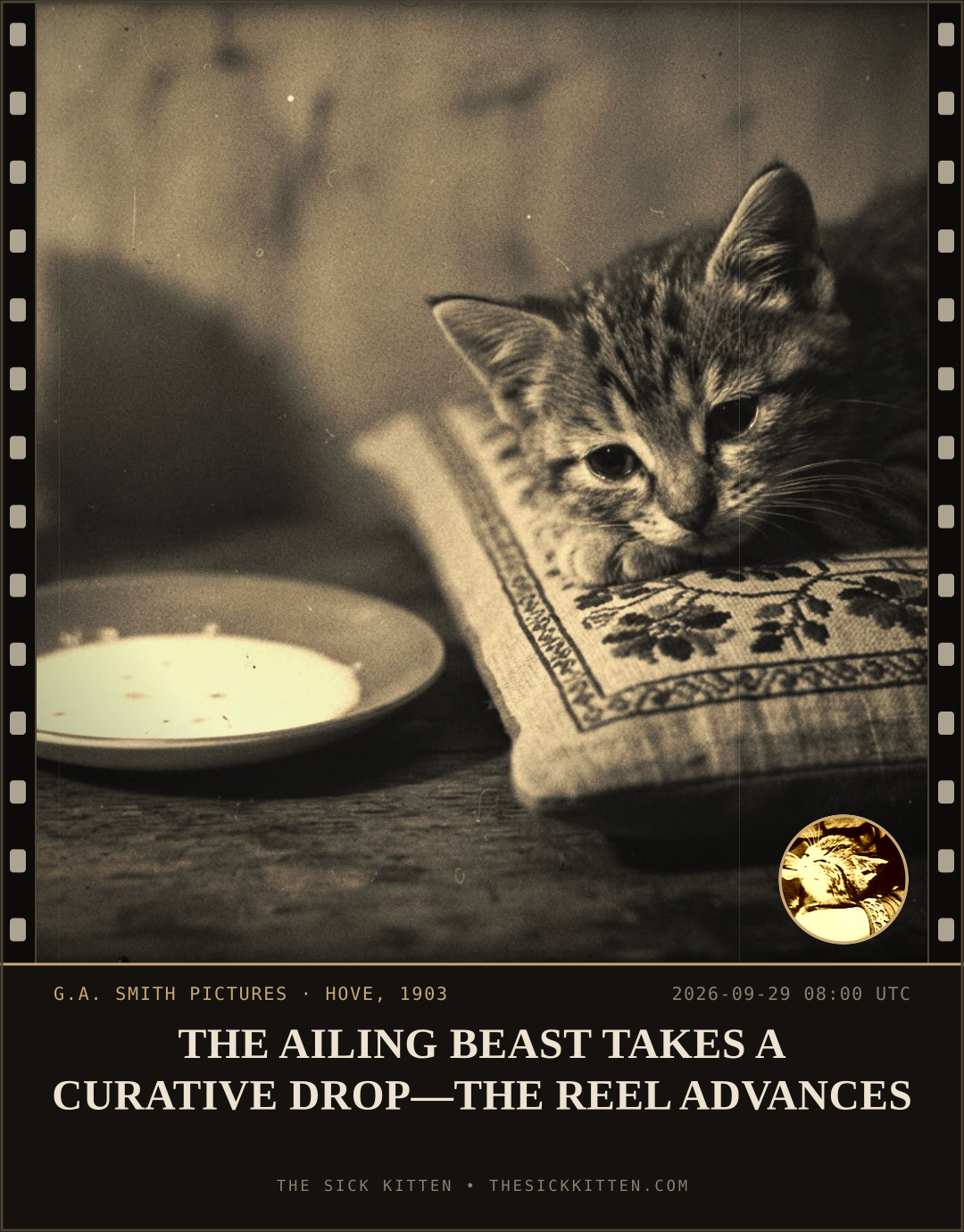 The Sick Kitten, frame no. 1236: THE AILING BEAST TAKES A CURATIVE DROP—THE REEL ADVANCES
