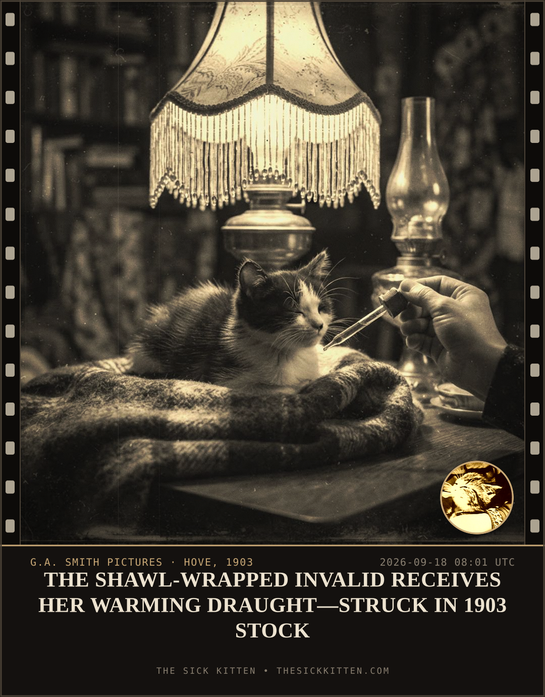 The Sick Kitten, frame no. 1144: THE SHAWL-WRAPPED INVALID RECEIVES HER WARMING DRAUGHT—STRUCK IN 1903 STOCK