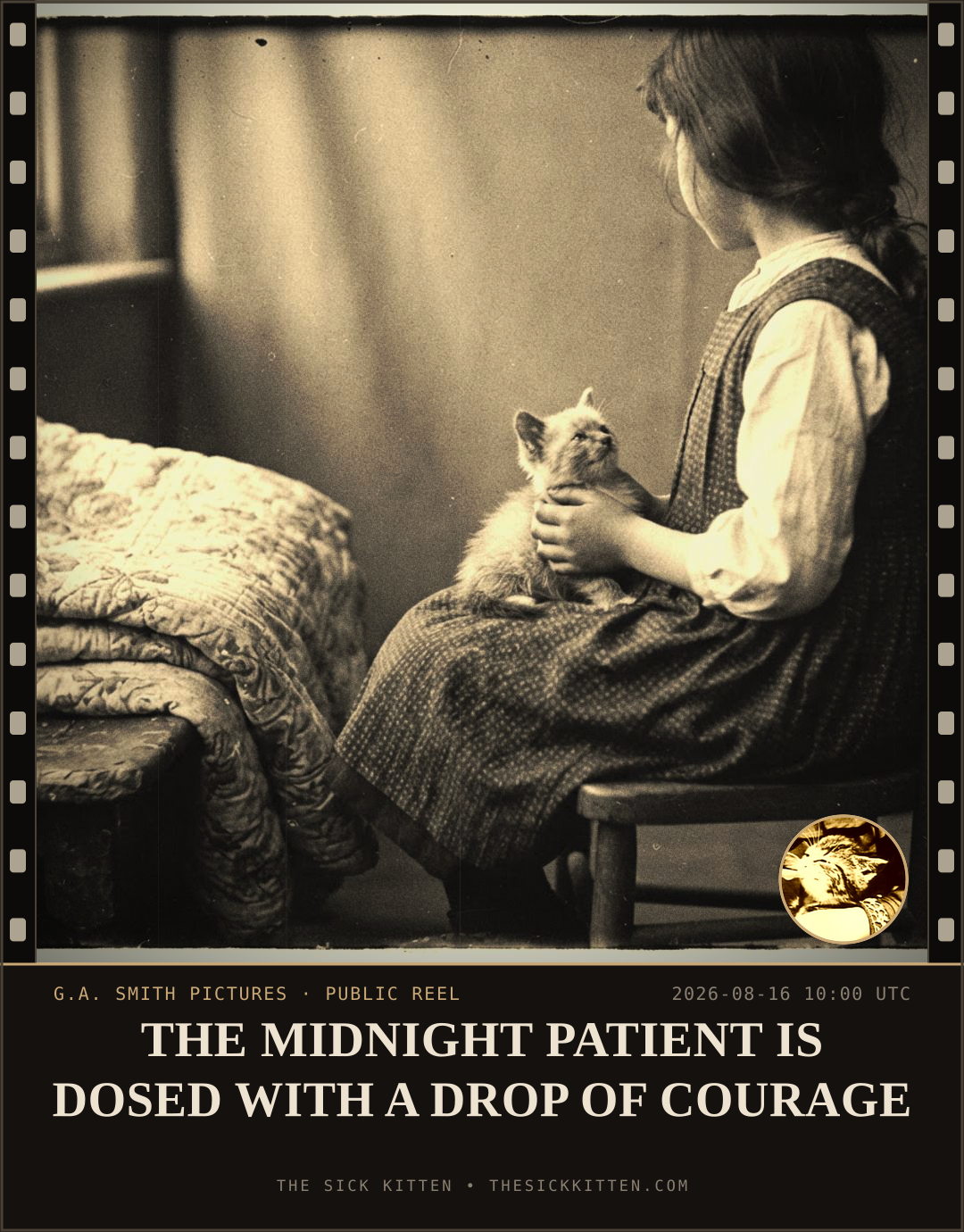 The Sick Kitten, frame no. 916: THE MIDNIGHT PATIENT IS DOSED WITH A DROP OF COURAGE