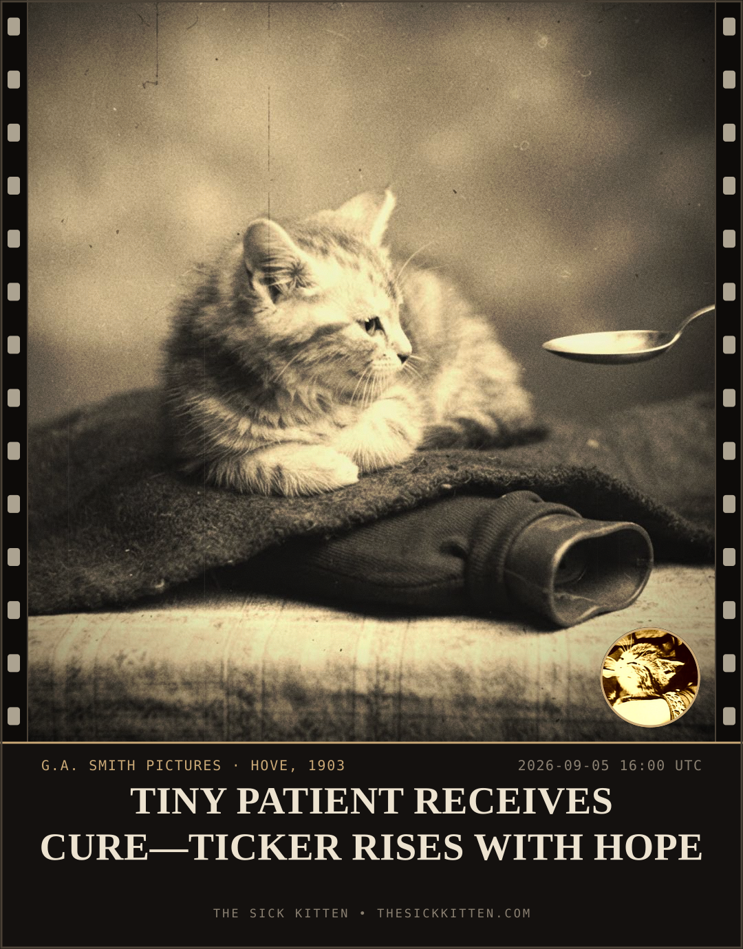 The Sick Kitten, frame no. 1033: TINY PATIENT RECEIVES CURE—TICKER RISES WITH HOPE