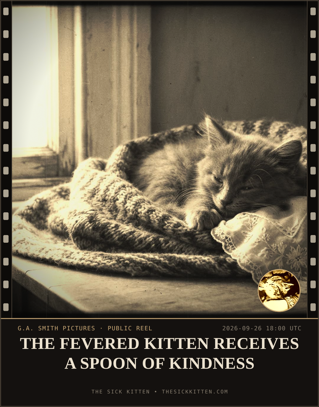 The Sick Kitten, frame no. 1216: THE FEVERED KITTEN RECEIVES A SPOON OF KINDNESS