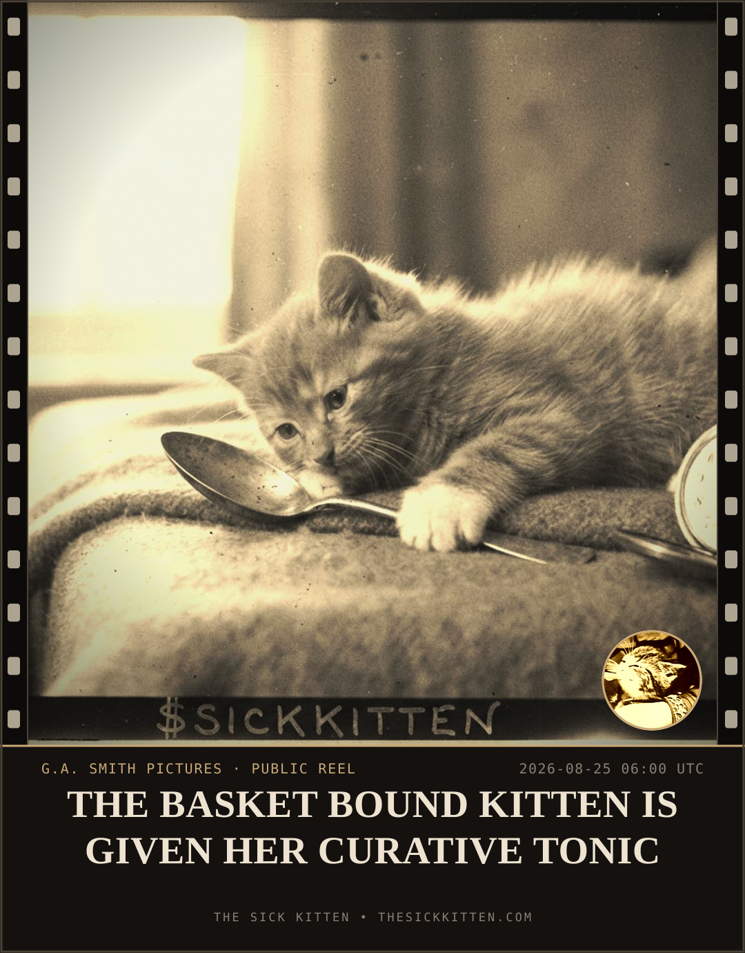 The Sick Kitten, frame no. 943: THE BASKET BOUND KITTEN IS GIVEN HER CURATIVE TONIC