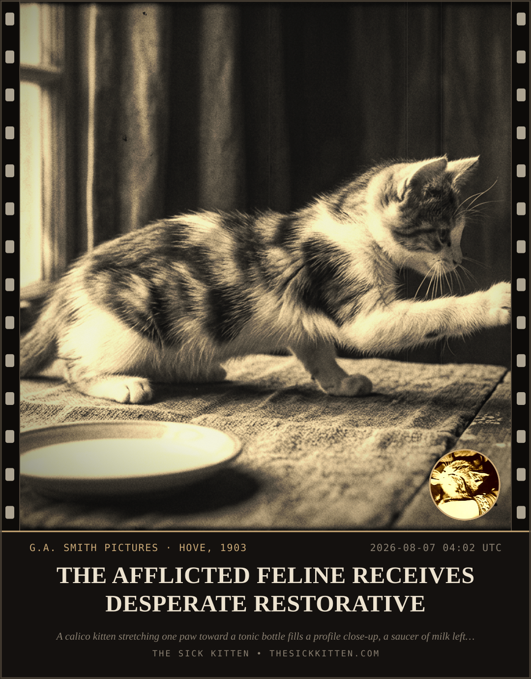 The Sick Kitten, frame no. 782: THE AFFLICTED FELINE RECEIVES DESPERATE RESTORATIVE