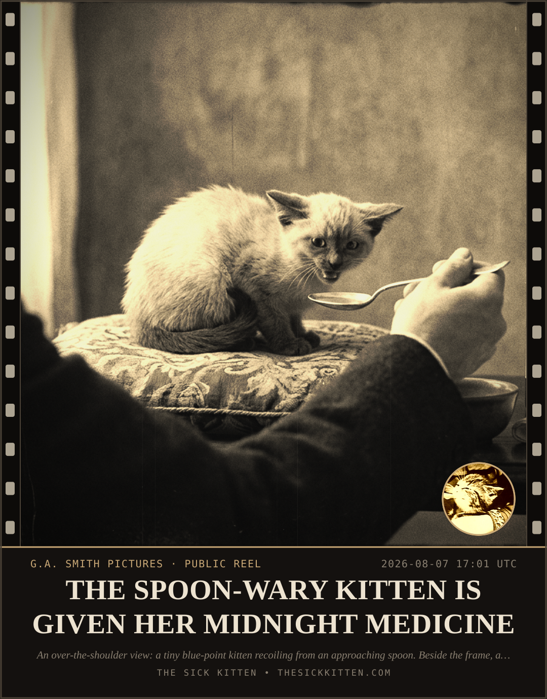 The Sick Kitten, frame no. 804: THE SPOON-WARY KITTEN IS GIVEN HER MIDNIGHT MEDICINE