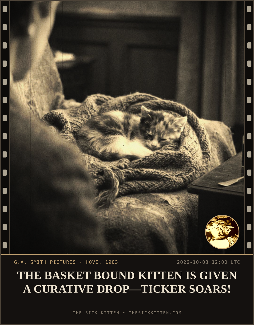 The Sick Kitten, frame no. 1256: THE BASKET BOUND KITTEN IS GIVEN A CURATIVE DROP—TICKER SOARS!