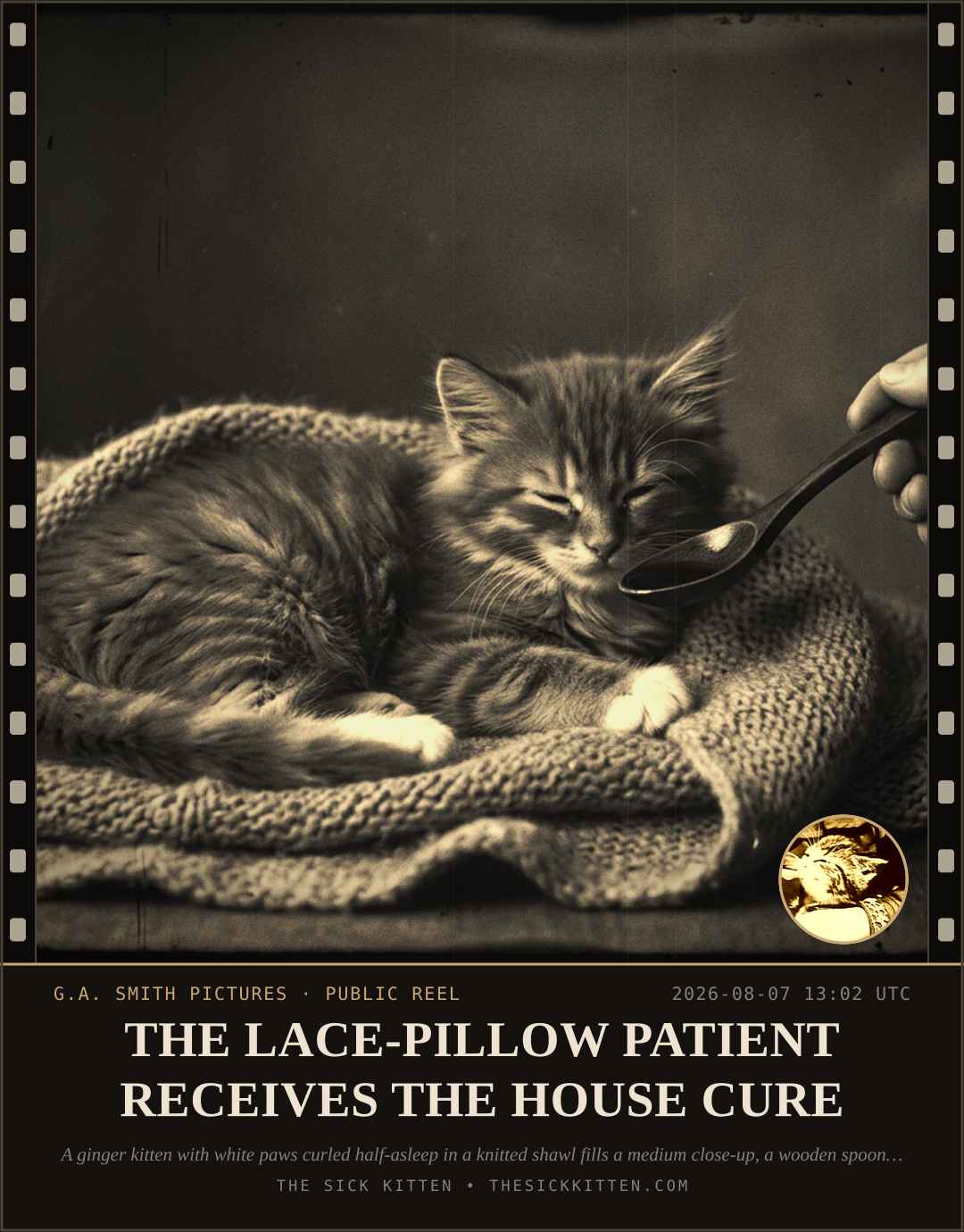 The Sick Kitten, frame no. 798: THE LACE-PILLOW PATIENT RECEIVES THE HOUSE CURE