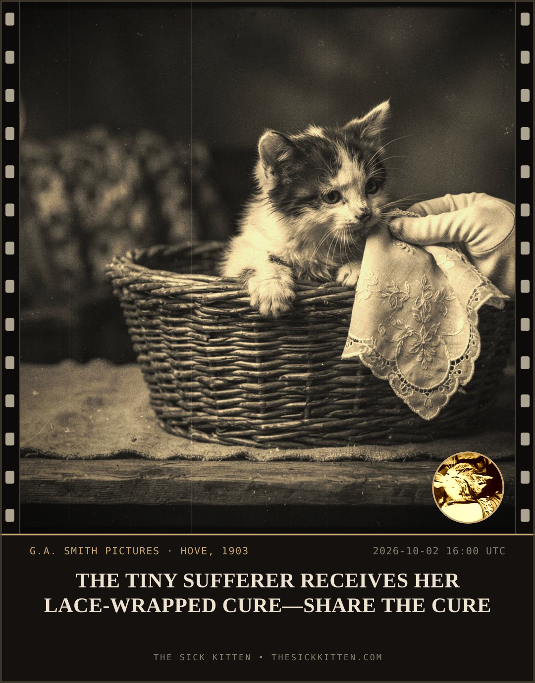 The Sick Kitten, frame no. 1252: THE TINY SUFFERER RECEIVES HER LACE-WRAPPED CURE—SHARE THE CURE