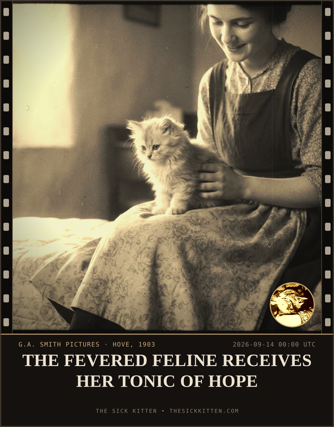 The Sick Kitten, frame no. 1108: THE FEVERED FELINE RECEIVES HER TONIC OF HOPE
