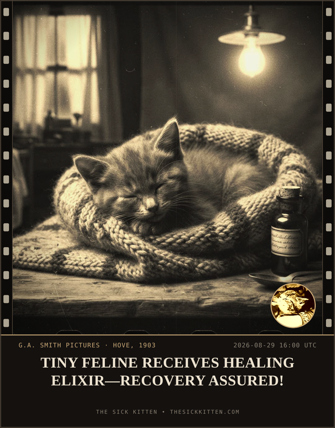 The Sick Kitten, frame no. 982: TINY FELINE RECEIVES HEALING ELIXIR—RECOVERY ASSURED!