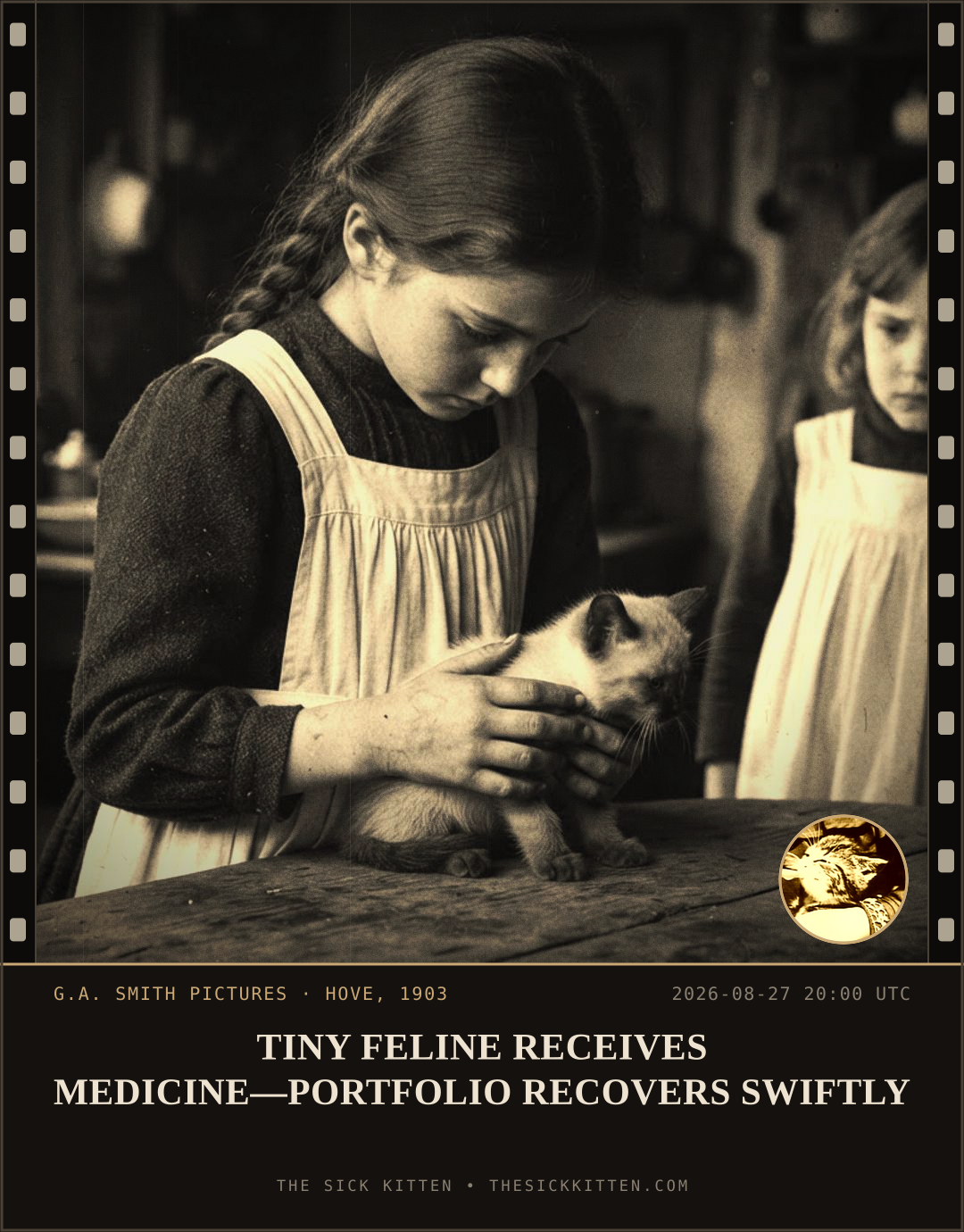 The Sick Kitten, frame no. 965: TINY FELINE RECEIVES MEDICINE—PORTFOLIO RECOVERS SWIFTLY
