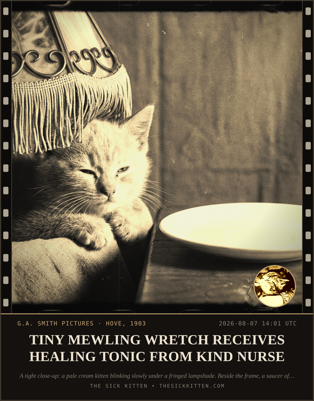 The Sick Kitten, frame no. 799: TINY MEWLING WRETCH RECEIVES HEALING TONIC FROM KIND NURSE