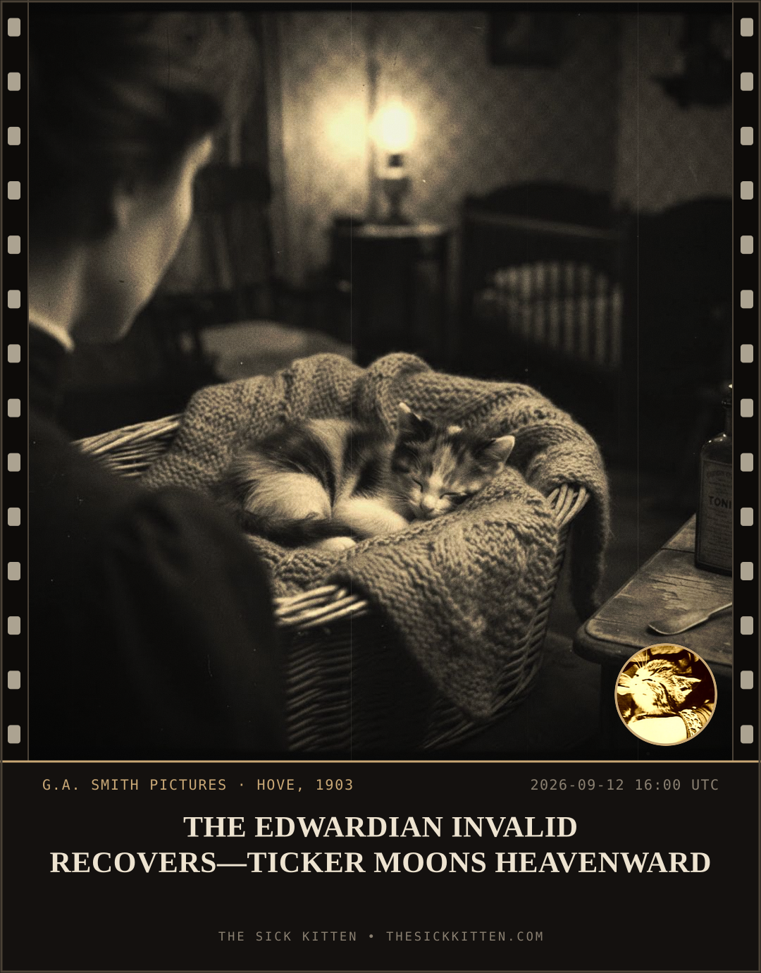 The Sick Kitten, frame no. 1096: THE EDWARDIAN INVALID RECOVERS—TICKER MOONS HEAVENWARD