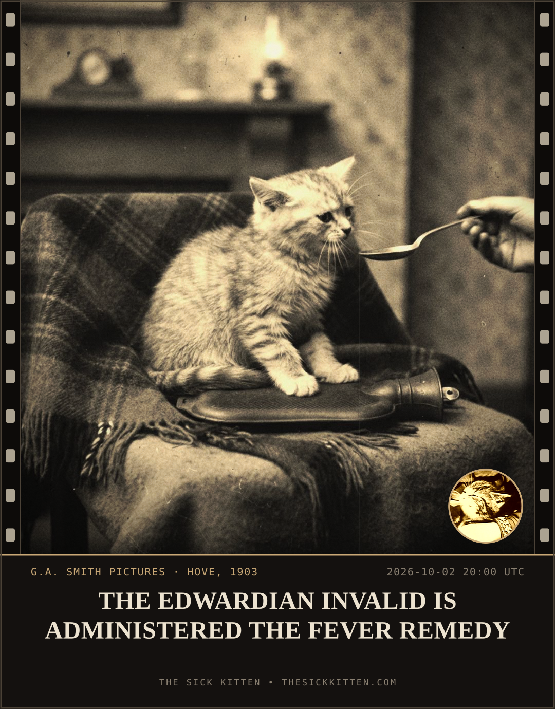 The Sick Kitten, frame no. 1253: THE EDWARDIAN INVALID IS ADMINISTERED THE FEVER REMEDY