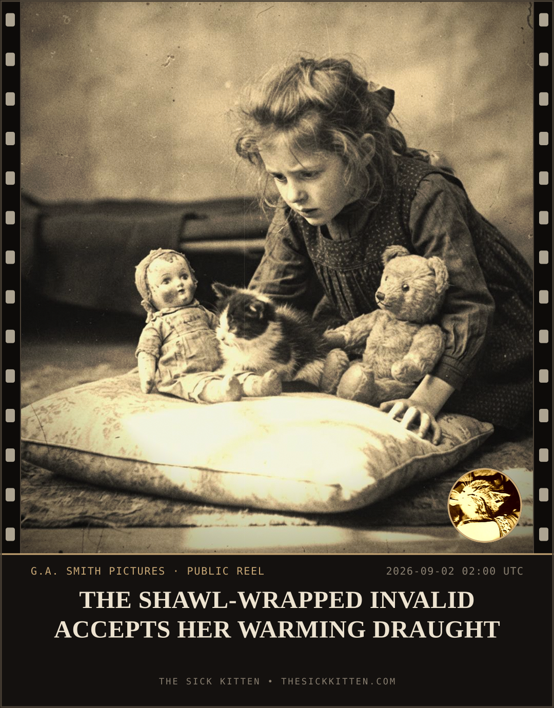 The Sick Kitten, frame no. 1009: THE SHAWL-WRAPPED INVALID ACCEPTS HER WARMING DRAUGHT
