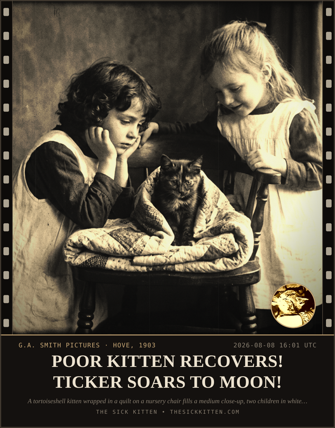 The Sick Kitten, frame no. 844: POOR KITTEN RECOVERS! TICKER SOARS TO MOON!