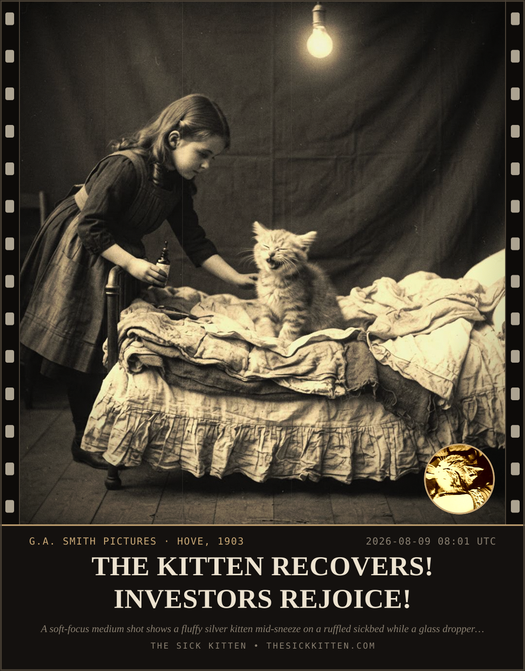 The Sick Kitten, frame no. 851: THE KITTEN RECOVERS! INVESTORS REJOICE!