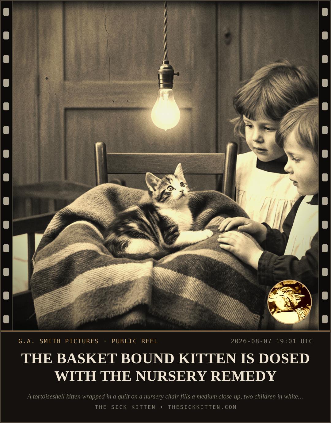 The Sick Kitten, frame no. 808: THE BASKET BOUND KITTEN IS DOSED WITH THE NURSERY REMEDY