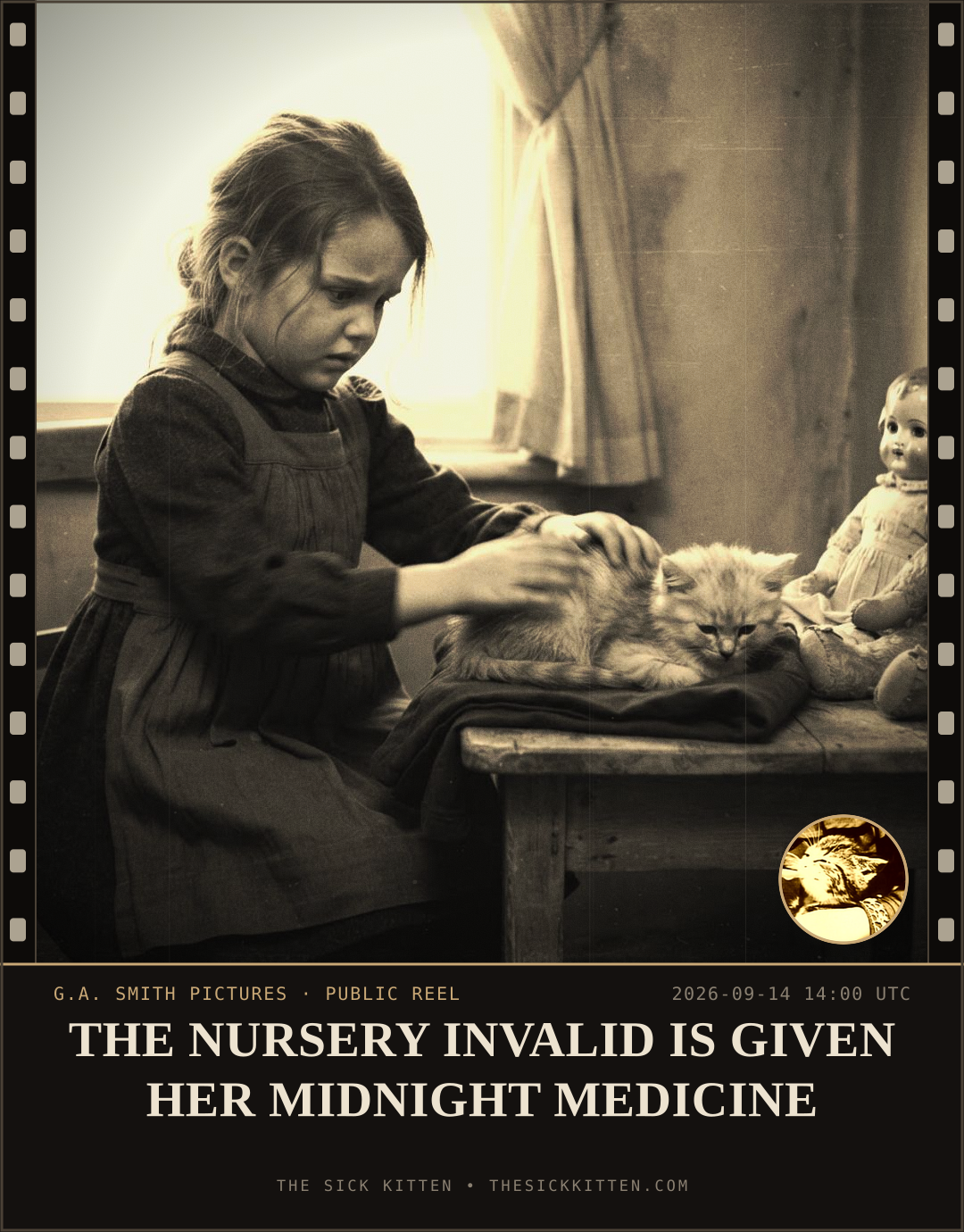 The Sick Kitten, frame no. 1115: THE NURSERY INVALID IS GIVEN HER MIDNIGHT MEDICINE