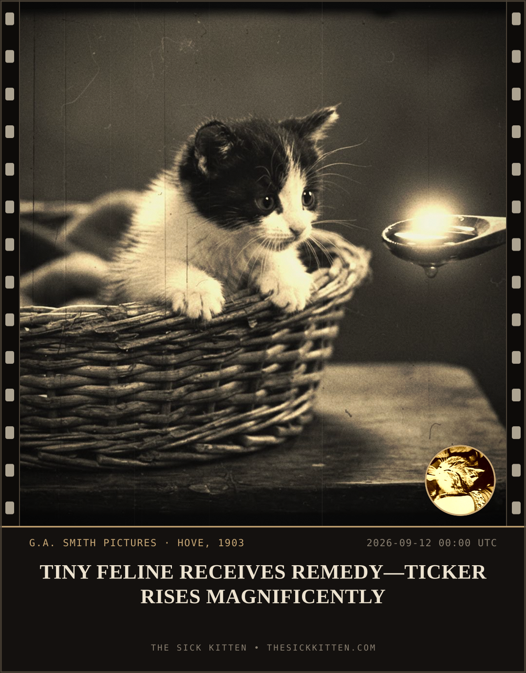 The Sick Kitten, frame no. 1088: TINY FELINE RECEIVES REMEDY—TICKER RISES MAGNIFICENTLY