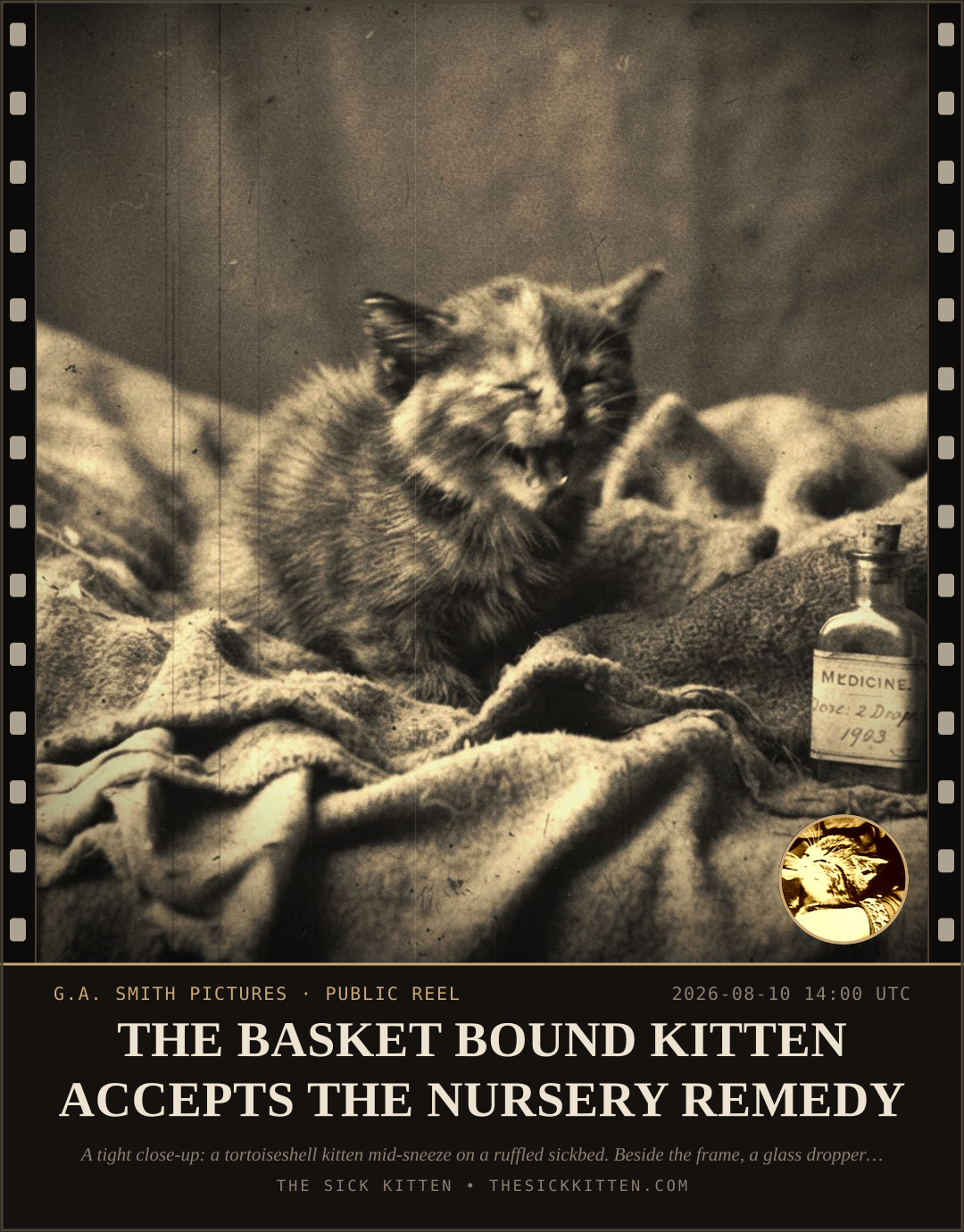 The Sick Kitten, frame no. 863: THE BASKET BOUND KITTEN ACCEPTS THE NURSERY REMEDY