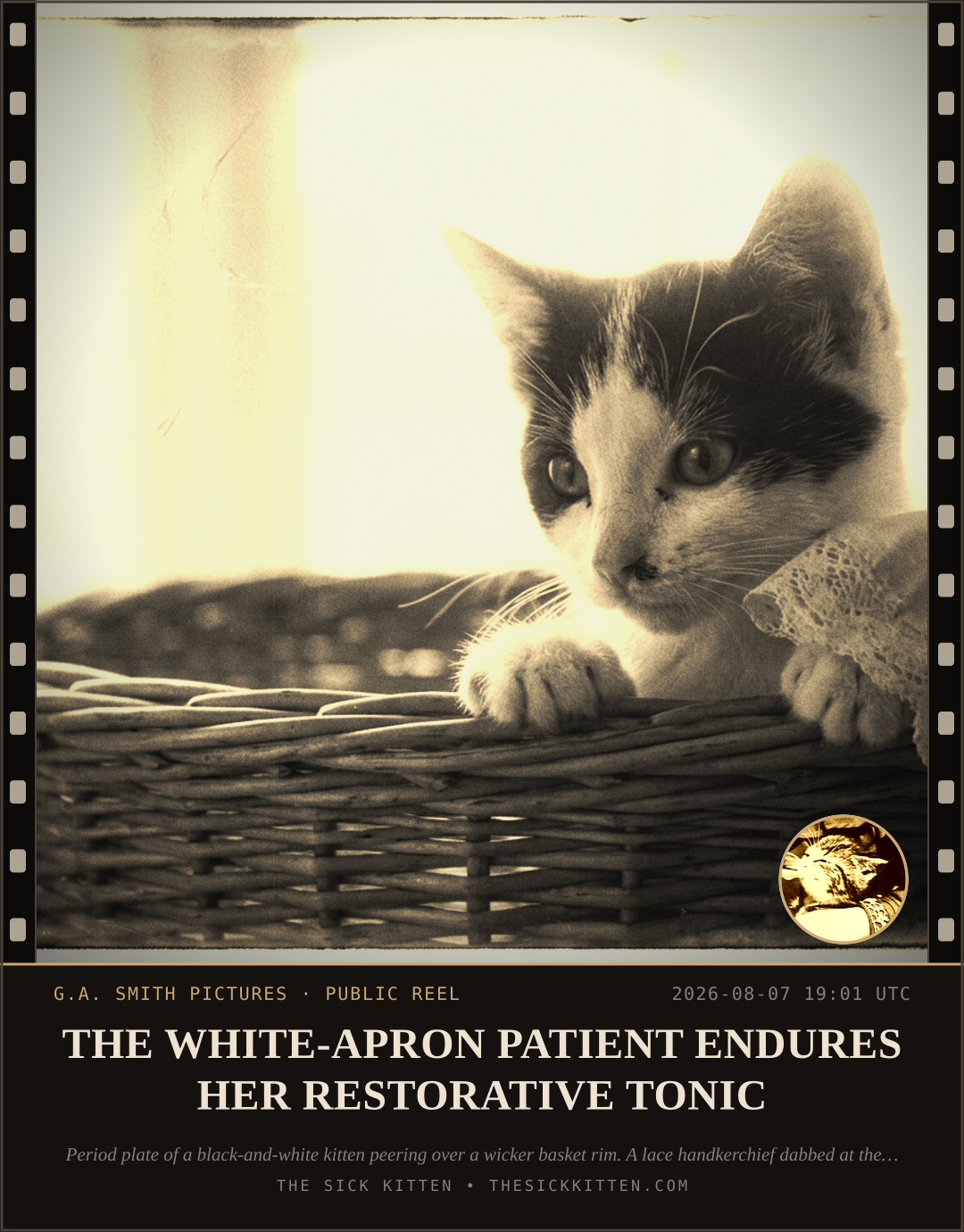 The Sick Kitten, frame no. 809: THE WHITE-APRON PATIENT ENDURES HER RESTORATIVE TONIC