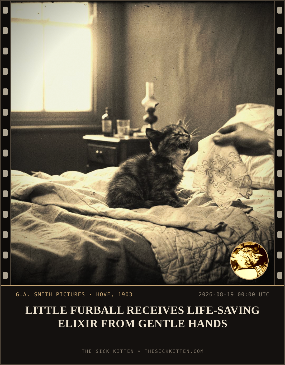 The Sick Kitten, frame no. 940: LITTLE FURBALL RECEIVES LIFE-SAVING ELIXIR FROM GENTLE HANDS