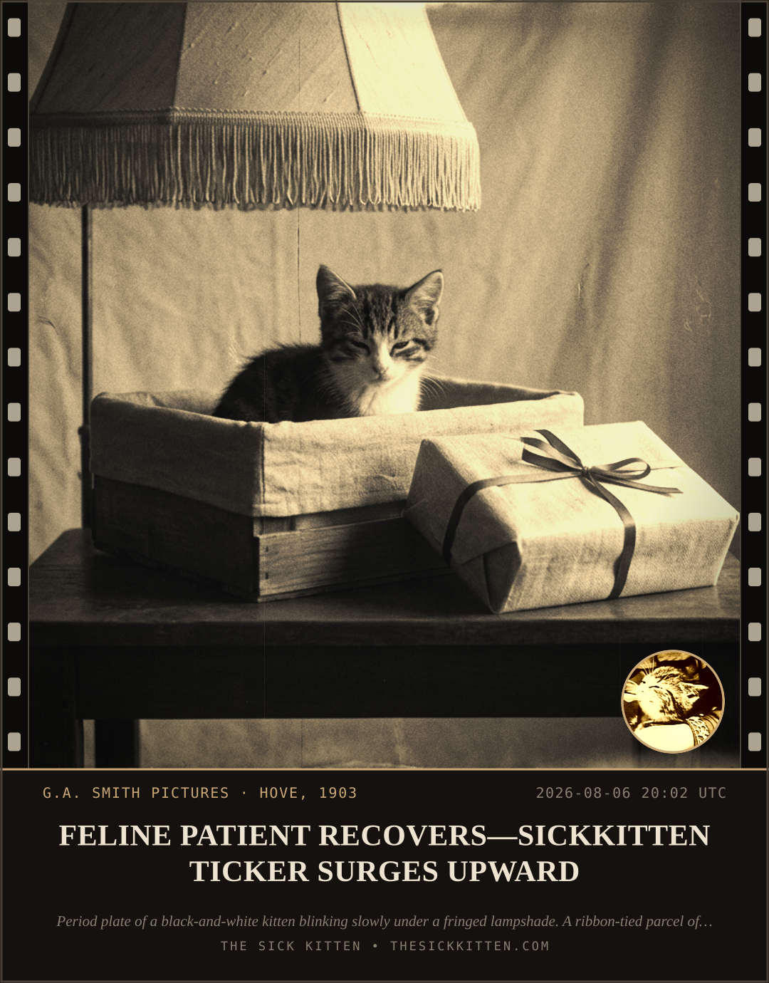 The Sick Kitten, frame no. 766: FELINE PATIENT RECOVERS—SICKKITTEN TICKER SURGES UPWARD