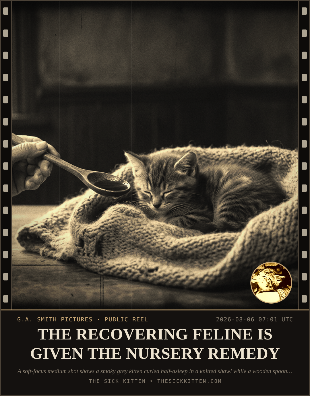 The Sick Kitten, frame no. 740: THE RECOVERING FELINE IS GIVEN THE NURSERY REMEDY