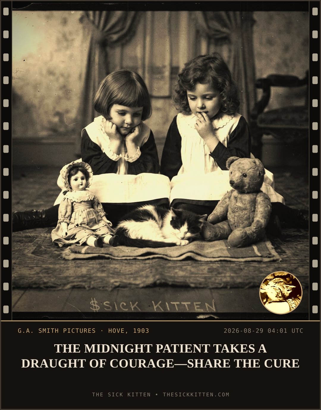 The Sick Kitten, frame no. 979: THE MIDNIGHT PATIENT TAKES A DRAUGHT OF COURAGE—SHARE THE CURE