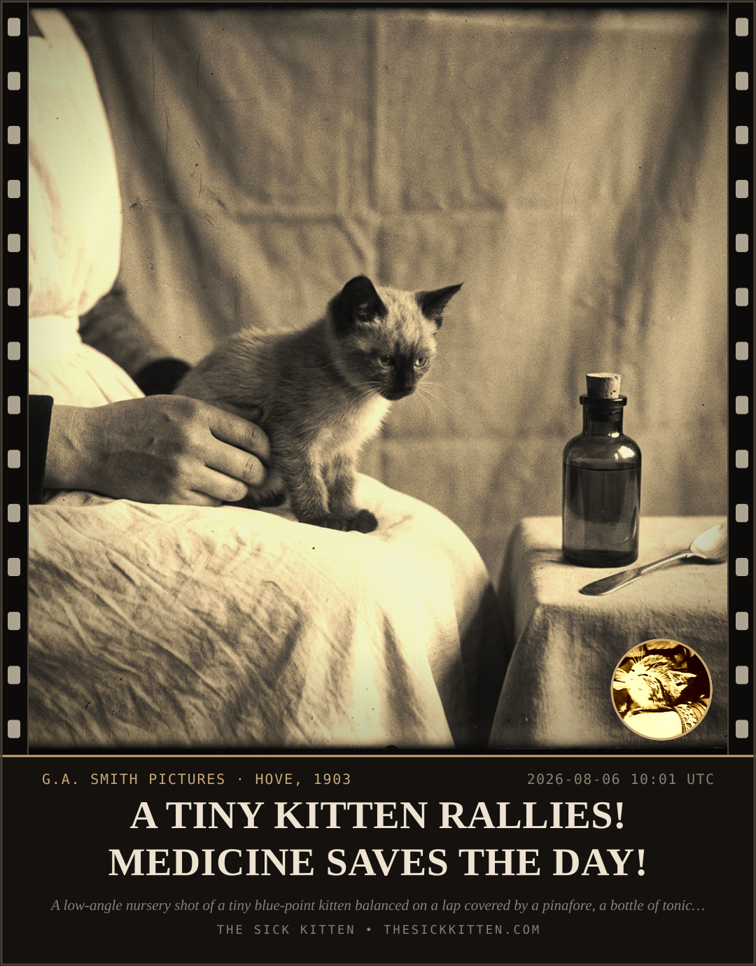 The Sick Kitten, frame no. 745: A TINY KITTEN RALLIES! MEDICINE SAVES THE DAY!