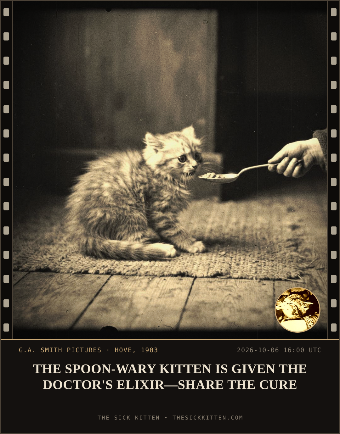 The Sick Kitten, frame no. 1264: THE SPOON-WARY KITTEN IS GIVEN THE DOCTOR'S ELIXIR—SHARE THE CURE