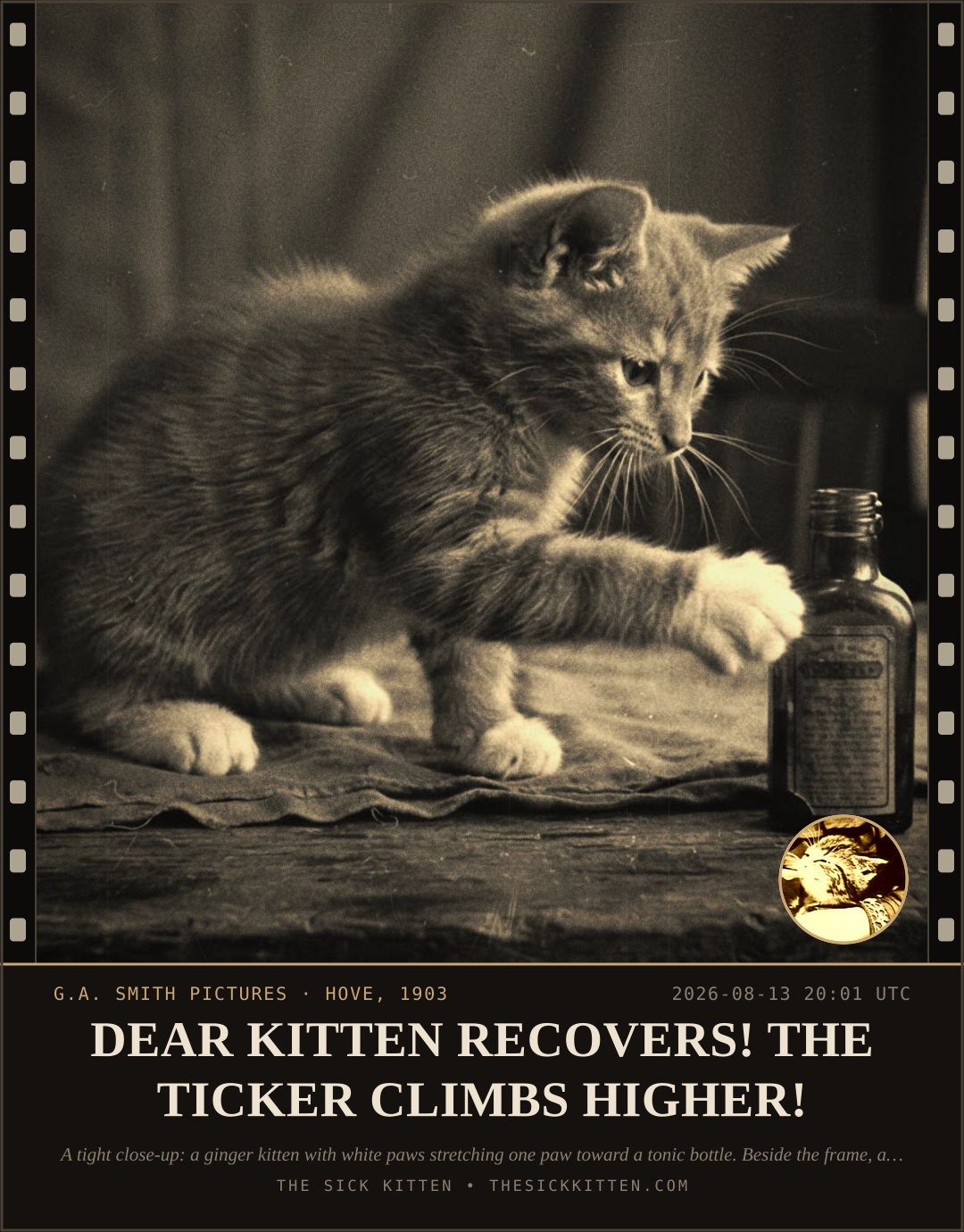 The Sick Kitten, frame no. 895: DEAR KITTEN RECOVERS! THE TICKER CLIMBS HIGHER!