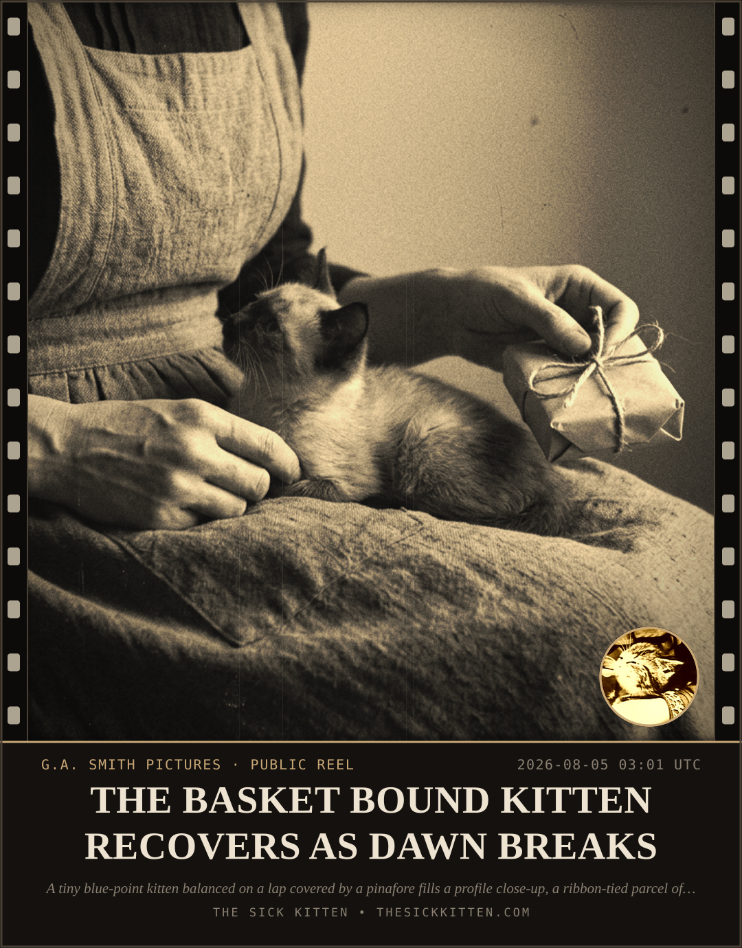 The Sick Kitten, frame no. 689: THE BASKET BOUND KITTEN RECOVERS AS DAWN BREAKS