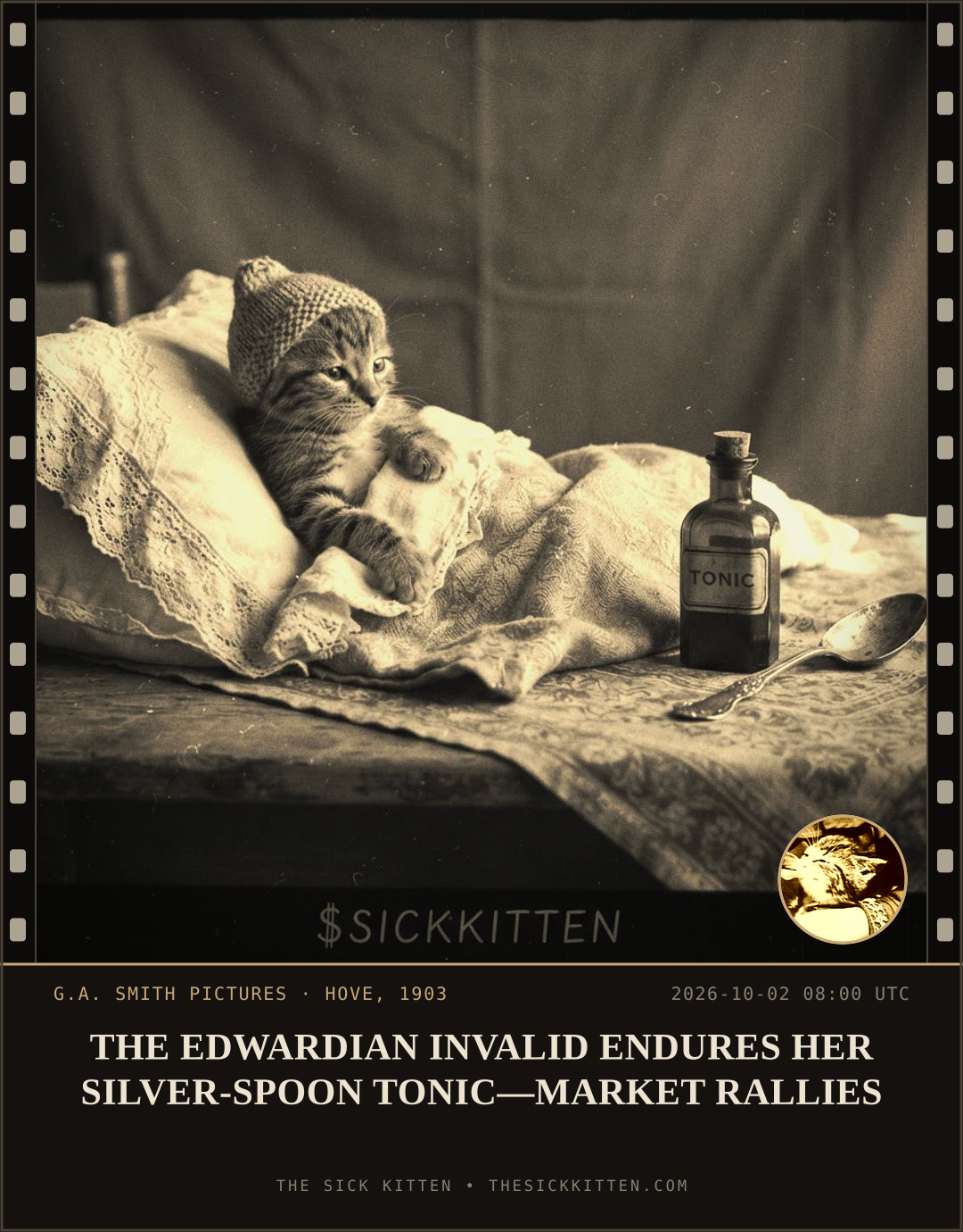 The Sick Kitten, frame no. 1251: THE EDWARDIAN INVALID ENDURES HER SILVER-SPOON TONIC—MARKET RALLIES