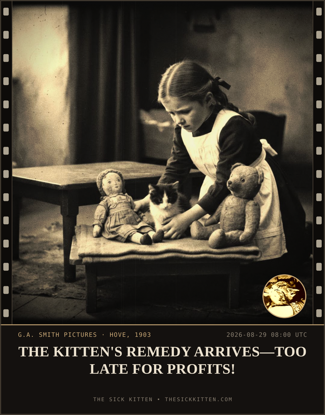 The Sick Kitten, frame no. 980: THE KITTEN'S REMEDY ARRIVES—TOO LATE FOR PROFITS!