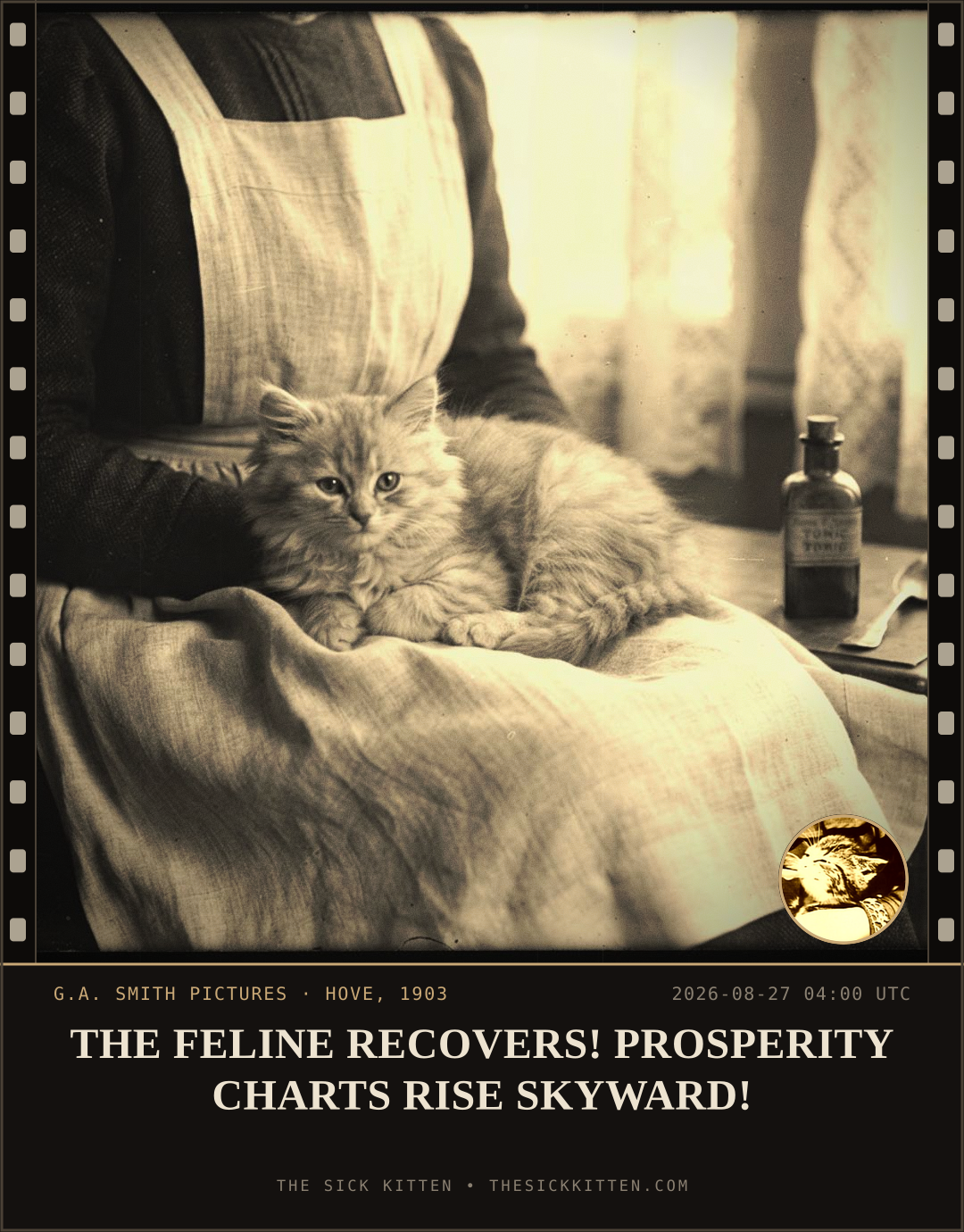 The Sick Kitten, frame no. 960: THE FELINE RECOVERS! PROSPERITY CHARTS RISE SKYWARD!