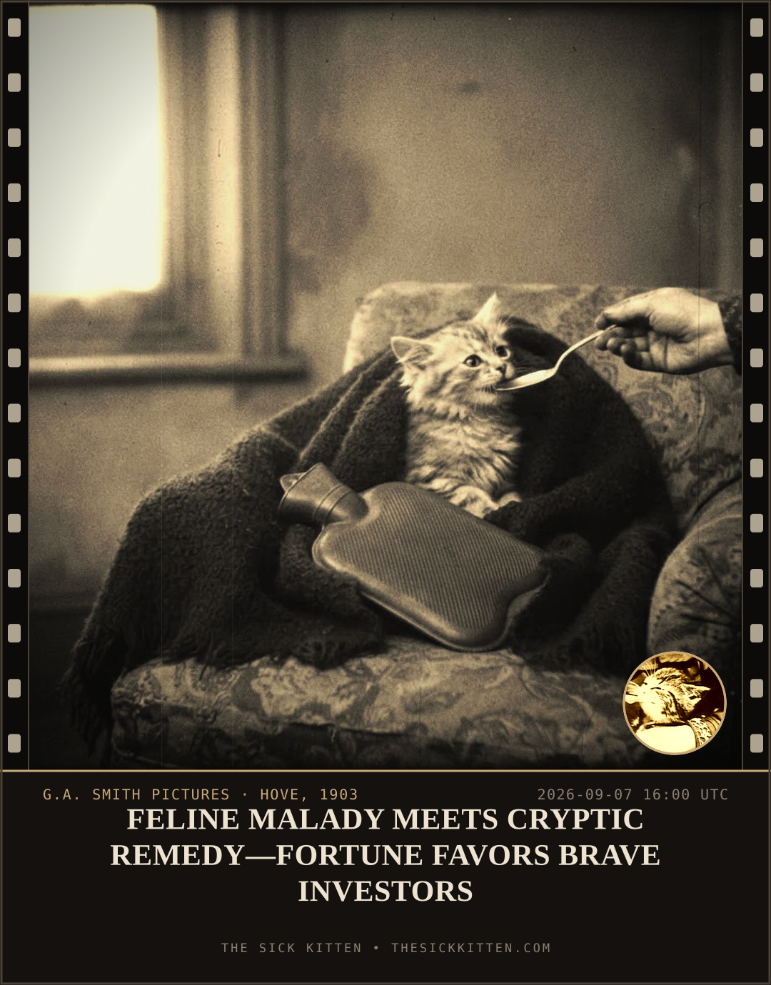 The Sick Kitten, frame no. 1055: FELINE MALADY MEETS CRYPTIC REMEDY—FORTUNE FAVORS BRAVE INVESTORS