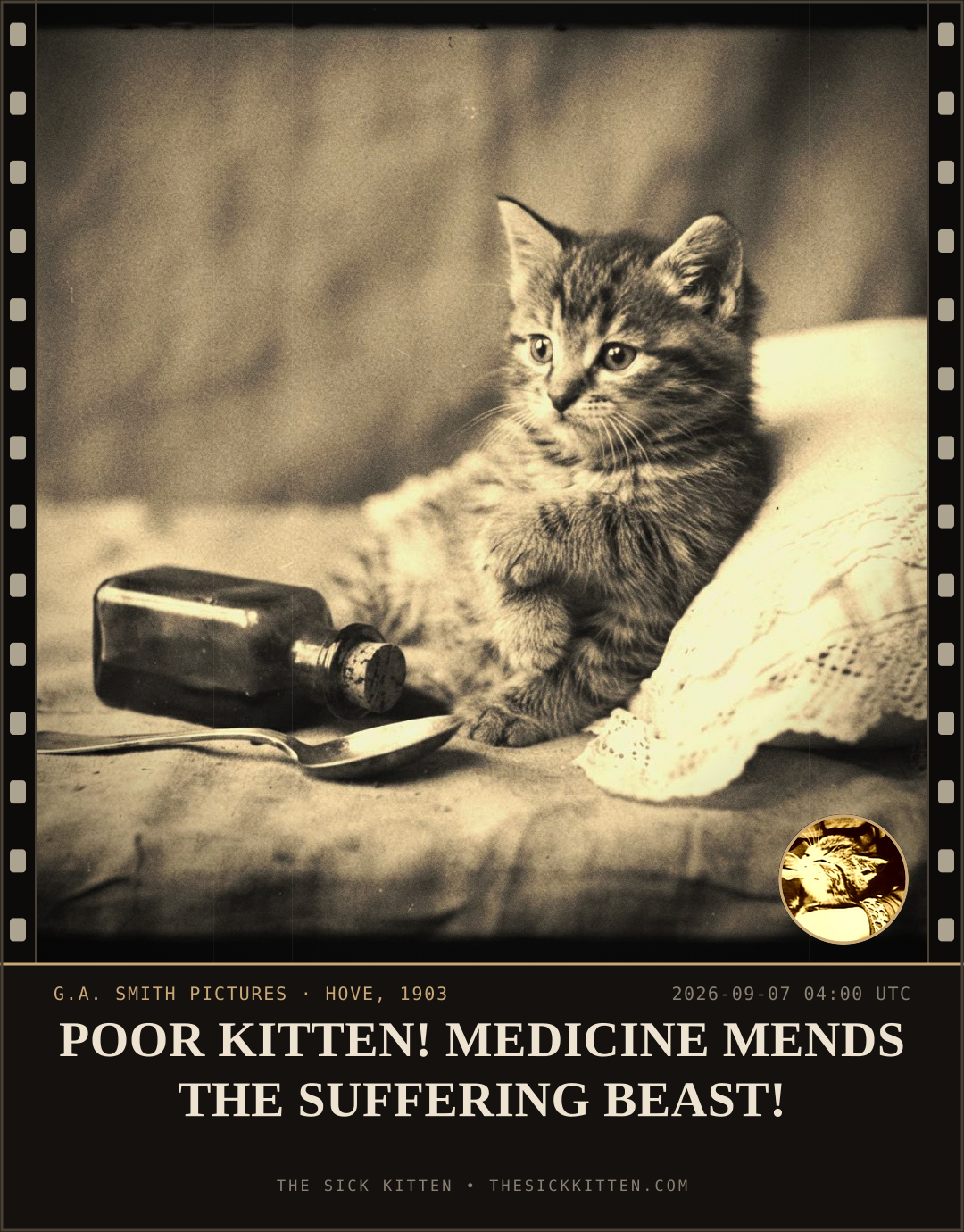 The Sick Kitten, frame no. 1052: POOR KITTEN! MEDICINE MENDS THE SUFFERING BEAST!