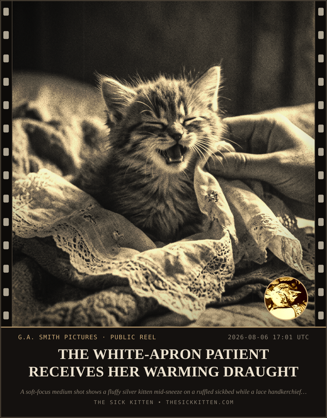 The Sick Kitten, frame no. 759: THE WHITE-APRON PATIENT RECEIVES HER WARMING DRAUGHT