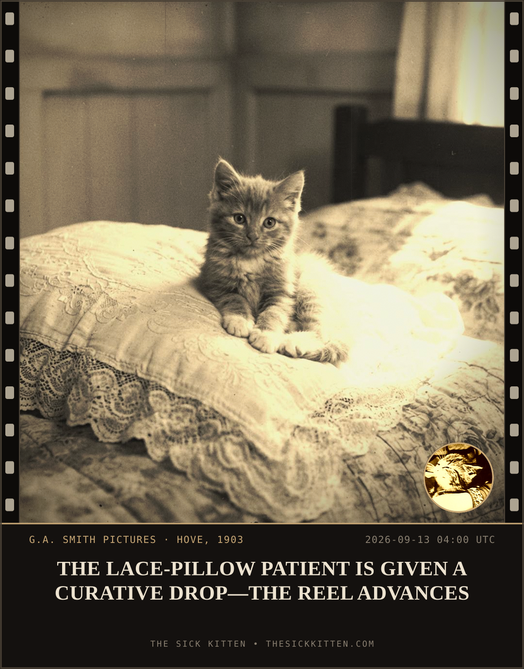 The Sick Kitten, frame no. 1102: THE LACE-PILLOW PATIENT IS GIVEN A CURATIVE DROP—THE REEL ADVANCES