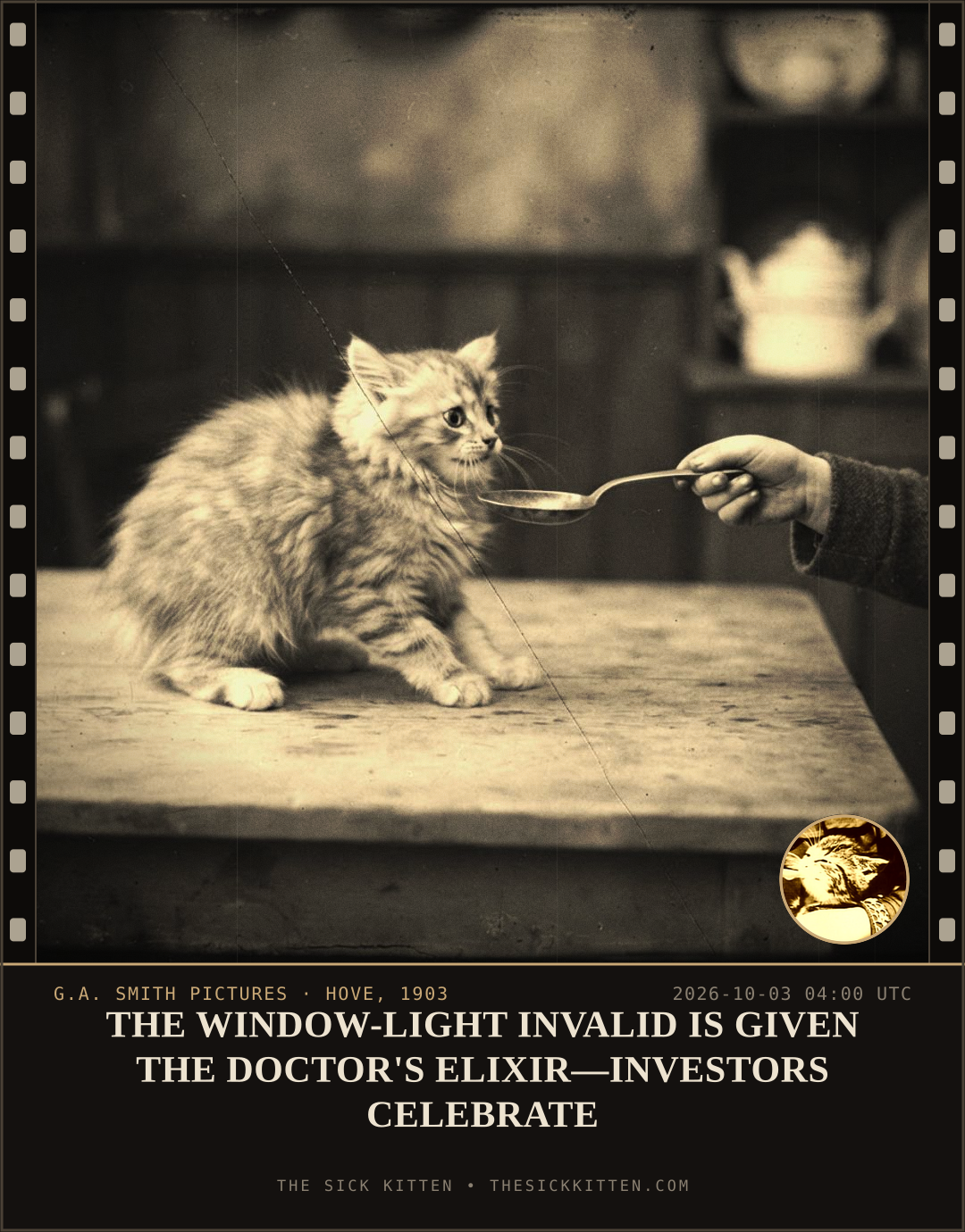 The Sick Kitten, frame no. 1255: THE WINDOW-LIGHT INVALID IS GIVEN THE DOCTOR'S ELIXIR—INVESTORS CELEBRATE