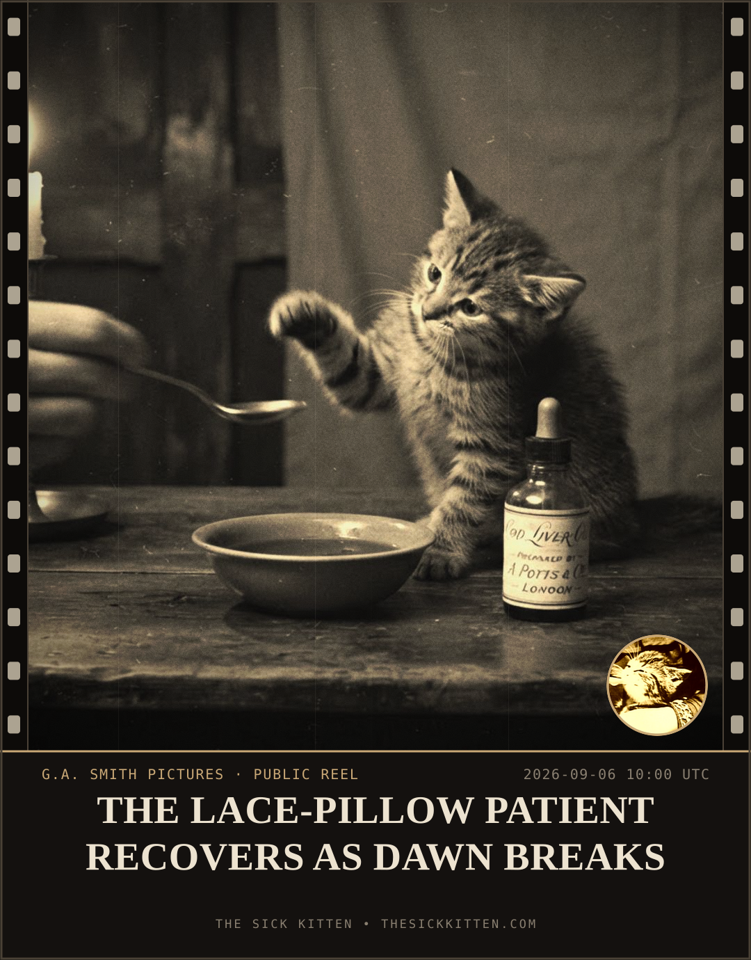 The Sick Kitten, frame no. 1041: THE LACE-PILLOW PATIENT RECOVERS AS DAWN BREAKS