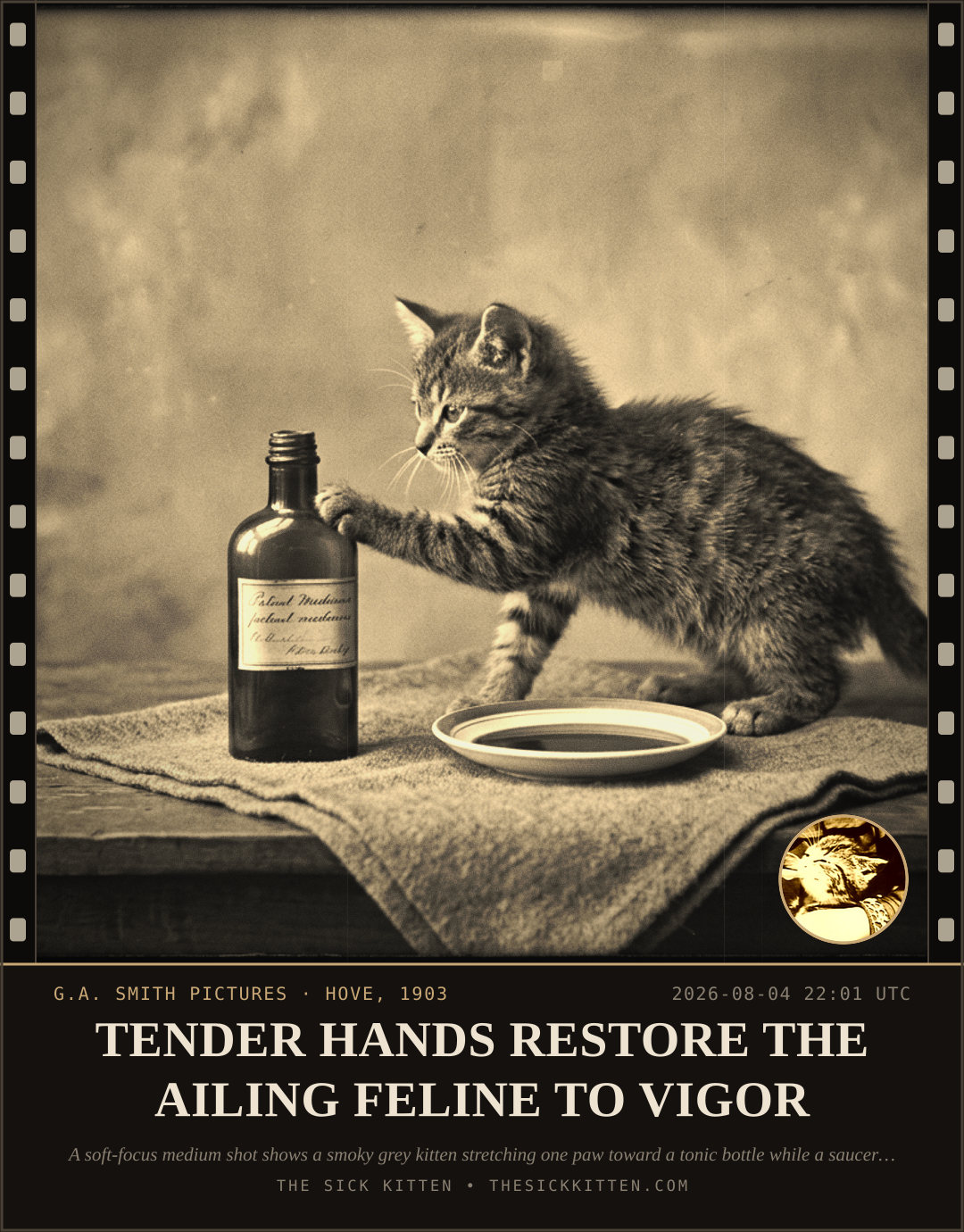 The Sick Kitten, frame no. 677: TENDER HANDS RESTORE THE AILING FELINE TO VIGOR