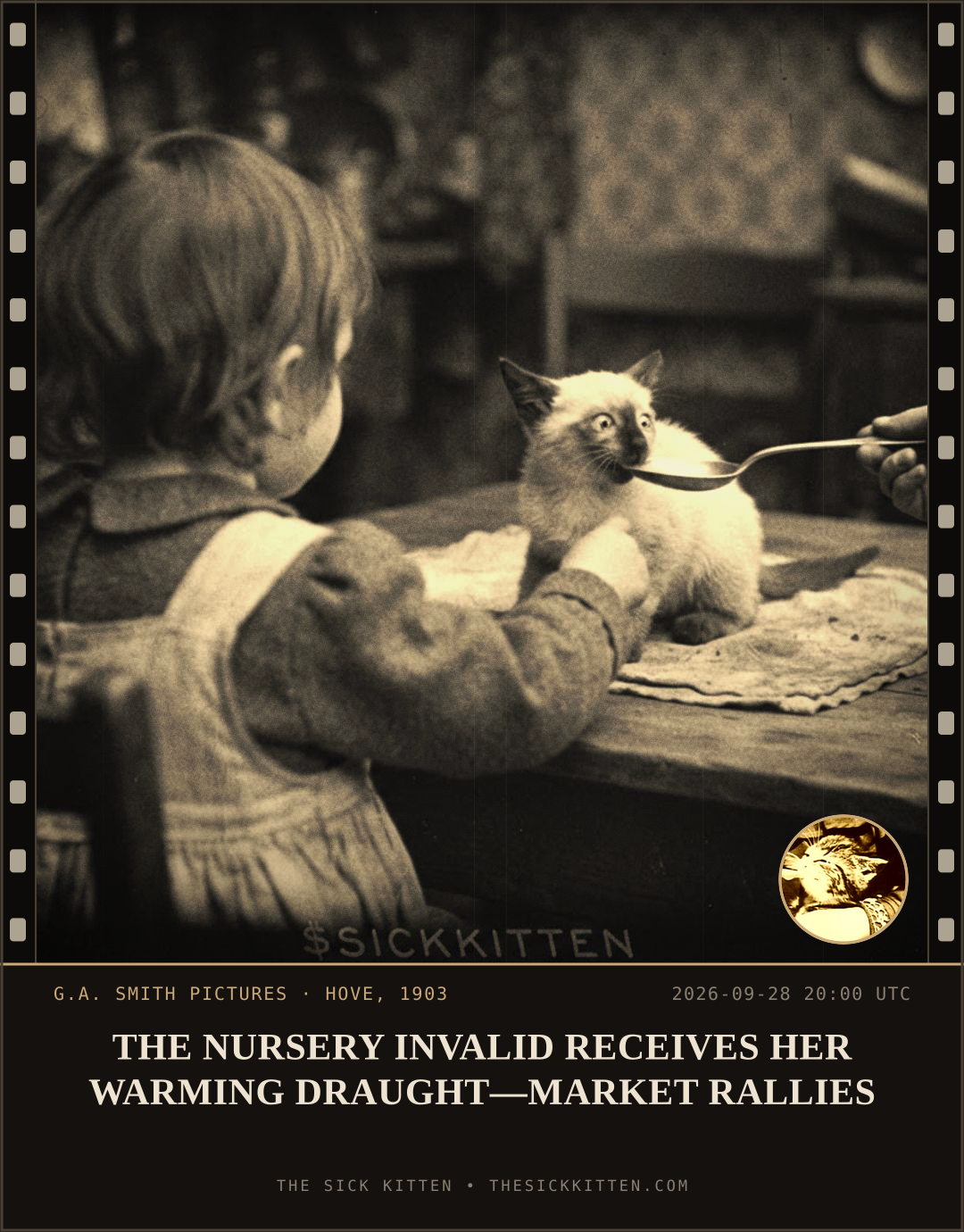 The Sick Kitten, frame no. 1233: THE NURSERY INVALID RECEIVES HER WARMING DRAUGHT—MARKET RALLIES