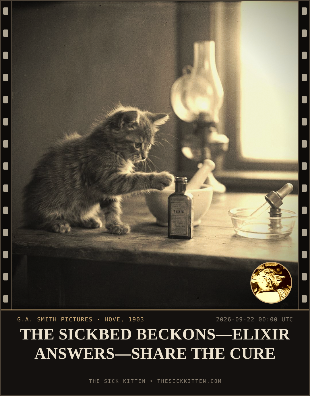 The Sick Kitten, frame no. 1179: THE SICKBED BECKONS—ELIXIR ANSWERS—SHARE THE CURE