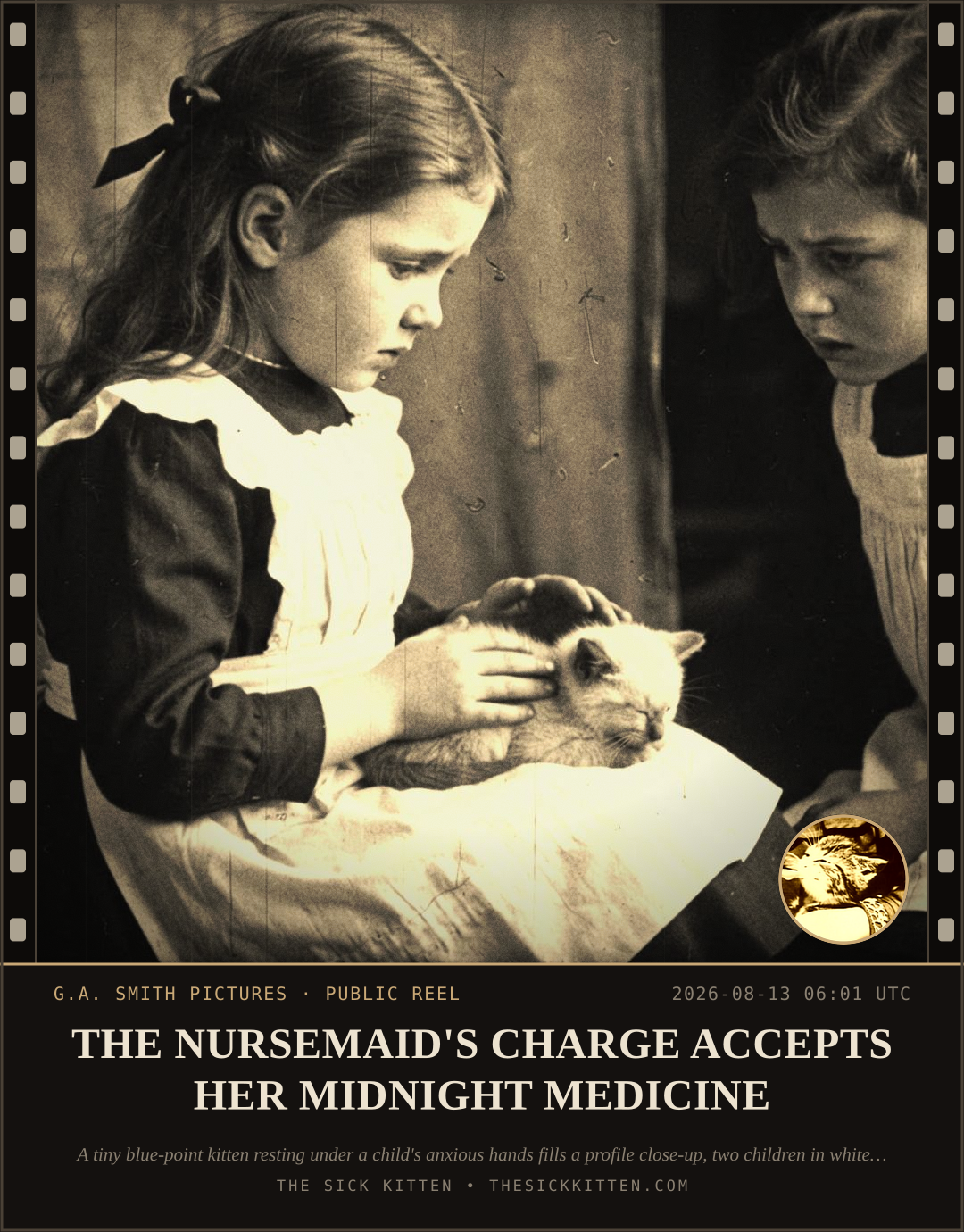 The Sick Kitten, frame no. 890: THE NURSEMAID'S CHARGE ACCEPTS HER MIDNIGHT MEDICINE