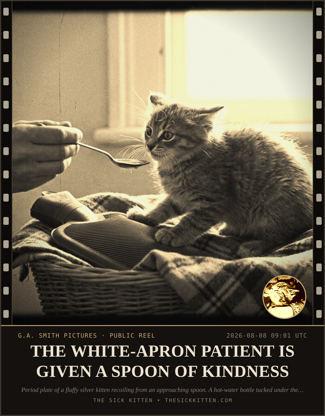 The Sick Kitten, frame no. 834: THE WHITE-APRON PATIENT IS GIVEN A SPOON OF KINDNESS